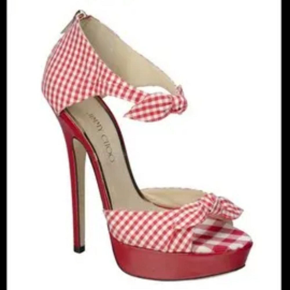 Jimmy Choo Gingham Brigitte Platform Sandals Red White 37 6.5 $1,195